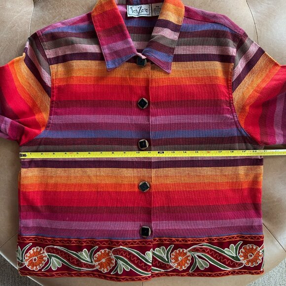 Artisan Boho Stripe Embroidered Folk Colorful Jacket Velvet Trim Cotton Women PM - Picture 8 of 10